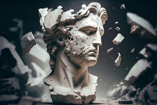 Naklejka Broken ancient greek statue head falling in pieces. Broken marble sculpture, cracking bust, concept of depression, memory loss, mentality loss or illness. AI generated image.