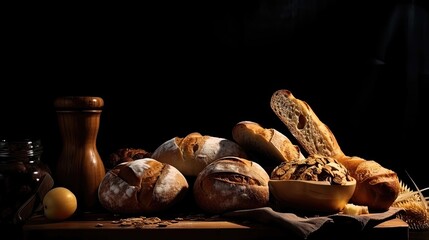 Composition with breads isolated on black table. Generative AI
