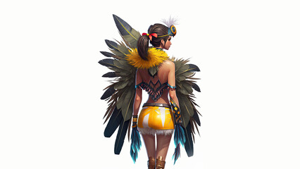 3D Render, Rear View of Brazilian Female Samba Dancer Character Posing In Feathered Costume.