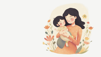 Mother's day banner background with young mom and child. Generative AI.