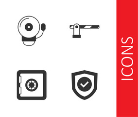 Set Shield with check mark, Ringing alarm bell, Safe and Parking car barrier icon. Vector