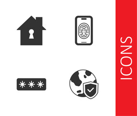 Set Shield with world globe, House under protection, Password and Mobile fingerprint scanner icon. Vector