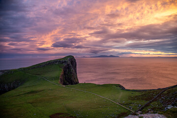 View of Neist Point on the on the isle of skye at sun set