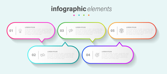 Vector infographic flat template dialogue color for five label, diagram, graph, presentation. Business concept with 5 options. For content, flowchart, steps, timeline, workflow, marketing. EPS 10.