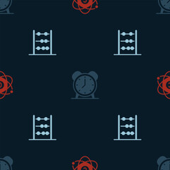 Set Atom, Alarm clock and Abacus on seamless pattern. Vector