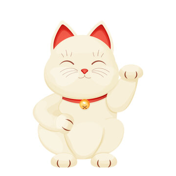 Maneki neko cat tradition figure lucky symbol, pet with collar and bell in cartoon style isolated on white background