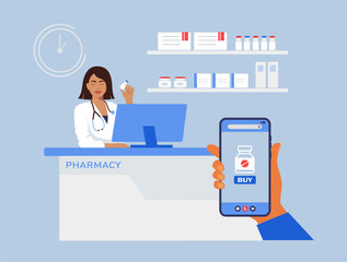 Human hand holding mobile phone for medicine online payment. Home delivery pharmacy service. Pharmacy, woman consultant sells medicines and advises