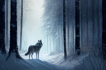 A wolf in a winter forest with snow, generative ai illustration