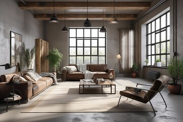 modern living room, Living room interior in a loft, industrial style, 3d render,  unique antic design Generative AI