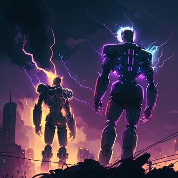 sketchy robotic humans, lightning in sky, living in a city, ultra realistic, hyper detailed, dayglo colored sky