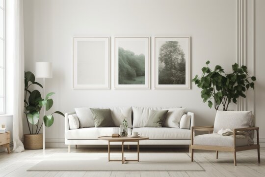 A contemporary living room's interior features a sofa and empty frames. Generative AI
