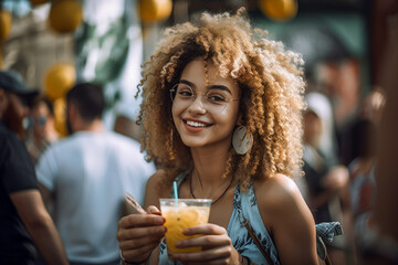 Cute beautiful playful flirty hipster girl with a glass of drink hanging out at a summer vacation open air fest concert, flowers, evening light - obrazy, fototapety, plakaty