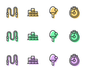 Set line Racket, Jump rope, Award over sports winner podium and Stopwatch icon. Vector