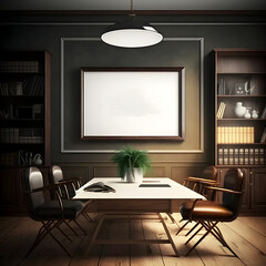 Mockup poster frame on the wall of living room. Luxurious office background with contemporary design. Modern interior design. 3D render, 3D illustration, Generative AI