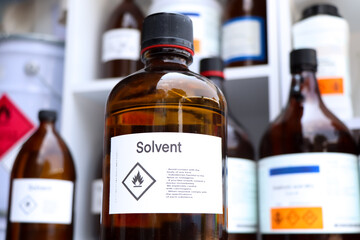 Solvent in glass,Hazardous chemicals and symbols on containers