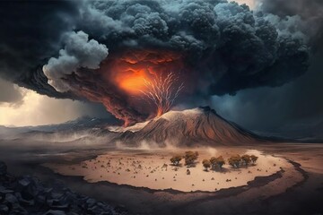 Volcanic eruption. Ai. Volcano erupts with hot lava, fire and clouds of smoke