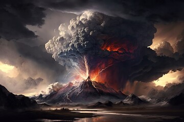 Volcanic eruption. Ai. Volcano erupts with hot lava, fire and clouds of smoke