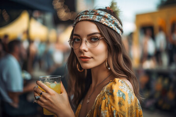 Cute beautiful playful flirty hipster girl with a glass of drink hanging out at a summer vacation open air fest concert, flowers, evening light - obrazy, fototapety, plakaty