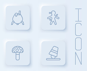 Set line Witch cauldron, Voodoo doll, Psilocybin mushroom and Game thimbles. White square button. Vector