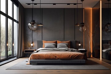 Modern bedroom with minimalist decor. Generative AI