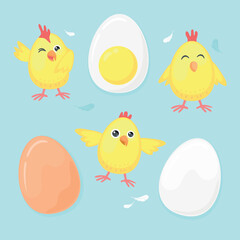 Easter eggs end chickens collection in cartoon style