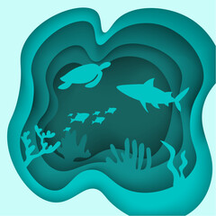 Fototapeta Paper craft underwater ocean cave with fishes and turtle, coral reef, seabed in algae, waves. Diving concept, deep blue marine life. Vector sea wildlife. Decorative design abstract undersea scene obraz