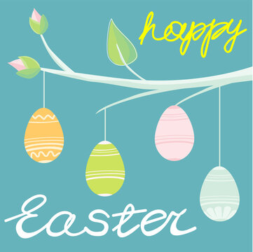 Easter eggs, festive attribute and decor. Bright different colored eggs with ornament and happy Easter handwritten lettering. Eggs are hanging on a branch, family holiday, greeting card, invitation.