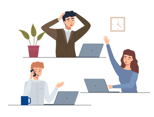 Teamwork concept with business people solving tasks together, sitting at table with laptop. Collaboration employees talking on phone, discussing plan, working with computer in office, coworking center