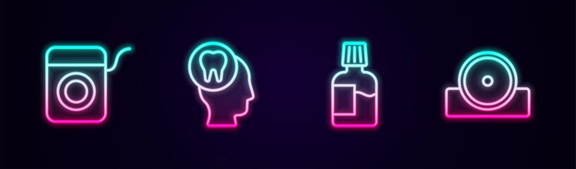 Set line Dental floss, Toothache, Mouthwash and Otolaryngological head reflector. Glowing neon icon. Vector