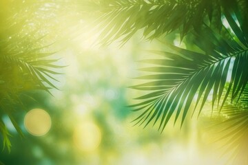 Fototapeta na wymiar Green palm leaves. Palm tree on the beach. Blur beautiful nature green palm leaf on tropical beach with bokeh, sun light wave. Abstract background Generative AI