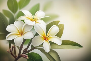 Fototapeta na wymiar White frangipani flowers. Fragrant blossom, frangipani flowers. Plumeria flower. Tropical flower. With light background. Generative AI