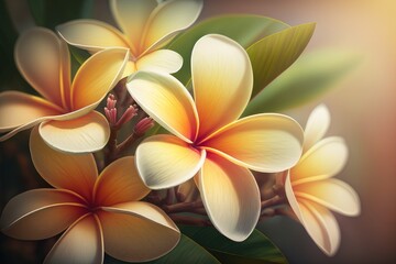 Obraz na płótnie Canvas Plumeria frangipani flower. Fragrant blossom, frangipani flowers. Plumeria flower. Tropical flower. With light background. Generative AI