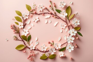 Wreath of flowers. Round frame with spring flowers. Flowers on cherry tree branches in form of wreath on pink background. Leaf pattern. Mockupp Generative AI
