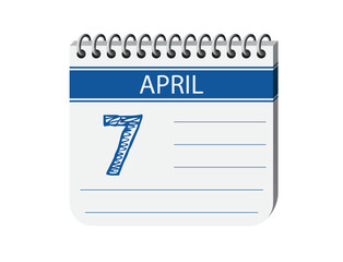 7 april blue notebook calendar page vector. 3d one day calendar date appointment, deadline, event reminder illustration. Abstract three dimensional daily date calendar.
