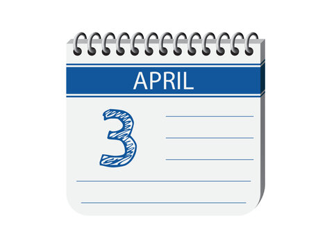 3 april blue notebook calendar page vector. 3d one day calendar date appointment, deadline, event reminder illustration. Abstract three dimensional daily date calendar.

