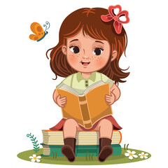 Vector illustration of a little girl sitting on pile of books reading a book.