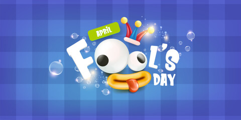 April fools day vector banner with funny clown hat and greeting text isolated on blue background. April fools day label, sticker and funky poster design template. Fools day logo and icon