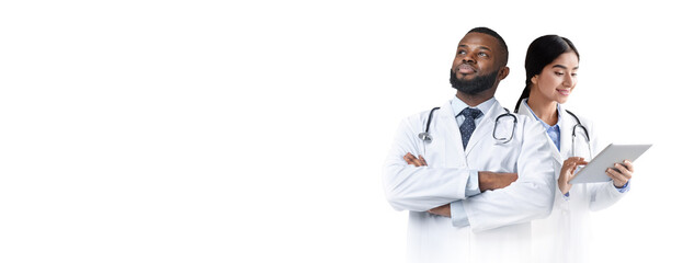 Medical Background With Two Doctors In Uniform Standing Isolated Over White Background