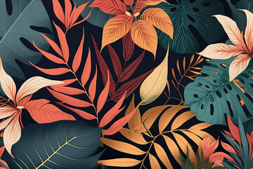Modern colorful tropical floral pattern Cute botanical abstract contemporary seamless pattern, Hand drawn unique print with Generative AI technology