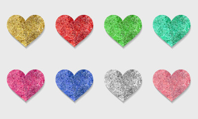 Plakat Decorative glitter shiny hearts set. Rose, gold, pink, golden, blue, silver, red, mint glossy sparkles shape. Vector illustration for web, banner, sticker, wedding, Valentines greeting card 