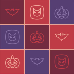 Set line Flying bat, Pumpkin and Black cat icon. Vector