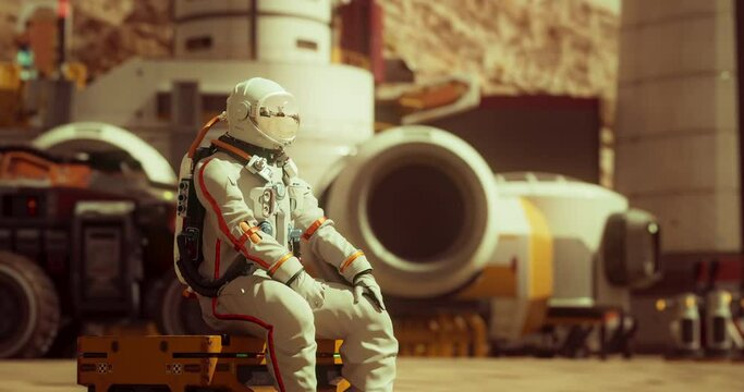 Astronaut On The Planet Mars Looking into Landscape of the Red Planet. Futuristic Spaceship Landing on Mars Base. Space Exploring Mission. Mars Colonization Concept. 3D Rendering