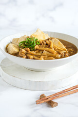 mun tahu or mun tofu is a chinese dish made from tofu, minced meat and mushroom