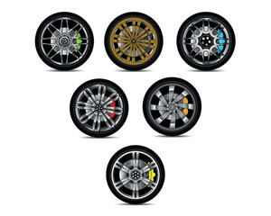 Obraz na płótnie Canvas Set of Concept Car wheels Rims Illustration with Sport Disk Brake in Colours Variations 