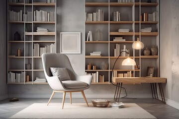 Design of a contemporary room with a gray wall, a chair filled with books, magazines, and a light. Generative AI