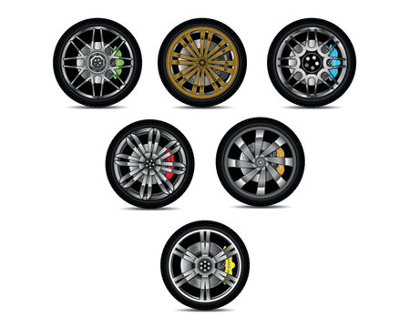Set of Concept Car wheels Rims Illustration with Sport Disk Brake in Colours Variations
