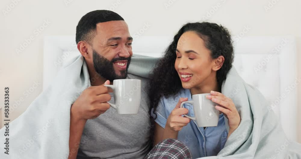 Canvas Prints Blanket, cuddle and couple with coffee, bonding and romance with love, relationship and happiness. Romantic, man and happy woman with tea, affection and marriage with joy, cheerful and conversation