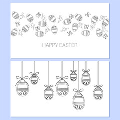 Easter eggs composition hand drawn black on white background. Decorative banner from Easter eggs with ornament and leaves. Perfect for pattern, stickers, coloring page, logo. Spring holiday drawing