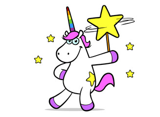 Rosa Einhorn hält Zauberstab mit Stern in der Hand