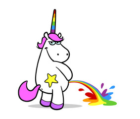 Freches rosa Einhorn pinkelt Regenbogen im Stehen © Robert Kneschke